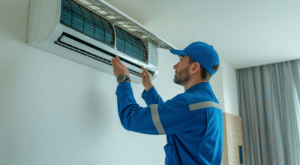 Professional technician performing property maintenance check on an AC unit in a modern Dubai home.