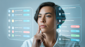 A person analyzing cryptocurrency exchange features on a holographic display, representing the decision-making process for choosing a crypto platform.