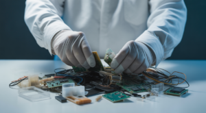Hands in gloves sorting electronic waste components for recycling and proper disposal.