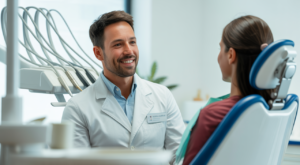 Photo of a Houston holistic dentist consulting a patient in a bright, modern dental office