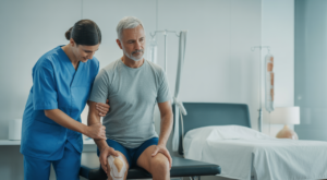 Photorealistic image of a patient receiving physical therapy during hip replacement recovery in a modern hospital setting with a clean neutral background