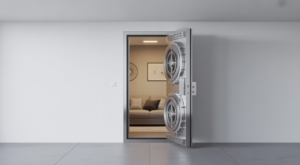 Interior view of a modern residential safe room with reinforced steel door and stylish furniture, symbolizing home safety and security