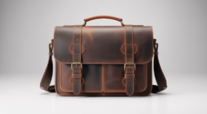 Photorealistic image of a vintage leather messenger bag made of rich brown full grain leather with metal buckles on a clean white background