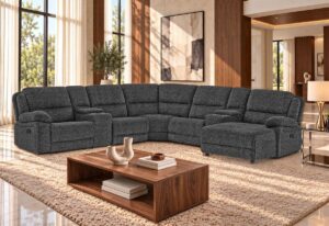 Grey bouclé reclining sectional with chaise and built-in storage consoles in a modern living room
